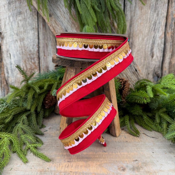 1.5" Red &amp; Light Pink Festive Frills Ribbon with Gold Sequin Trim, 10 Yard Roll