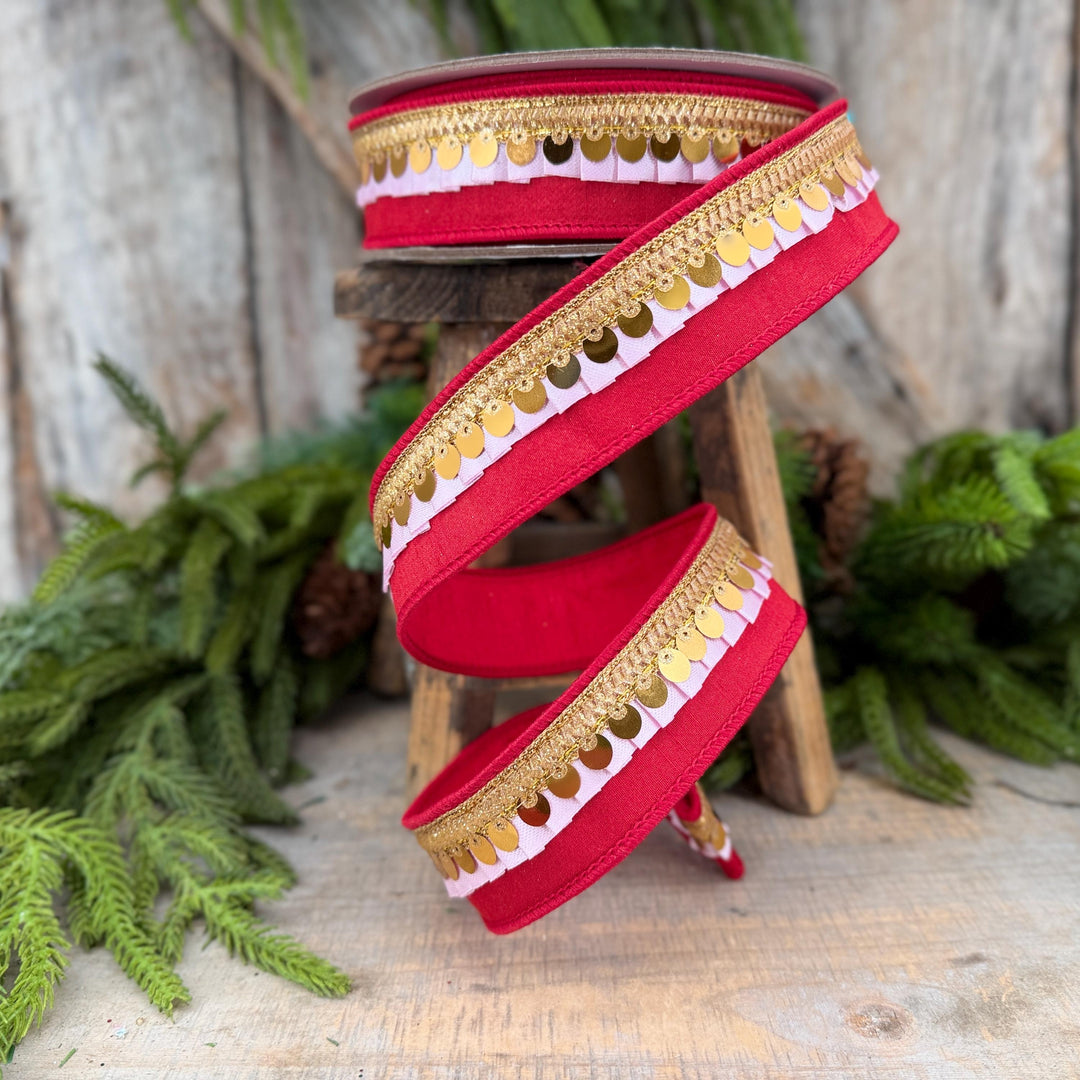 1.5" Red &amp; Light Pink Festive Frills Ribbon with Gold Sequin Trim, 10 Yard Roll