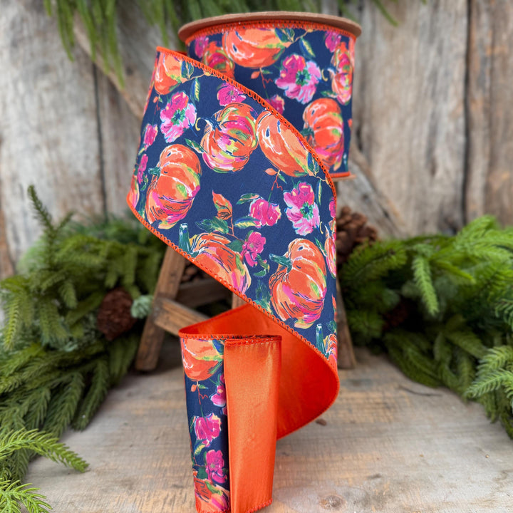4" Pumpkin floral ribbon, Fall Ribbon