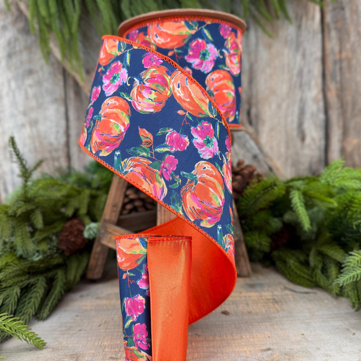 4" Pumpkin floral ribbon, Fall Ribbon