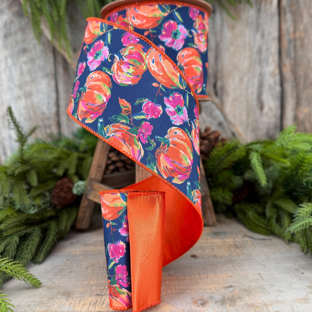 4" Pumpkin floral ribbon, Fall Ribbon