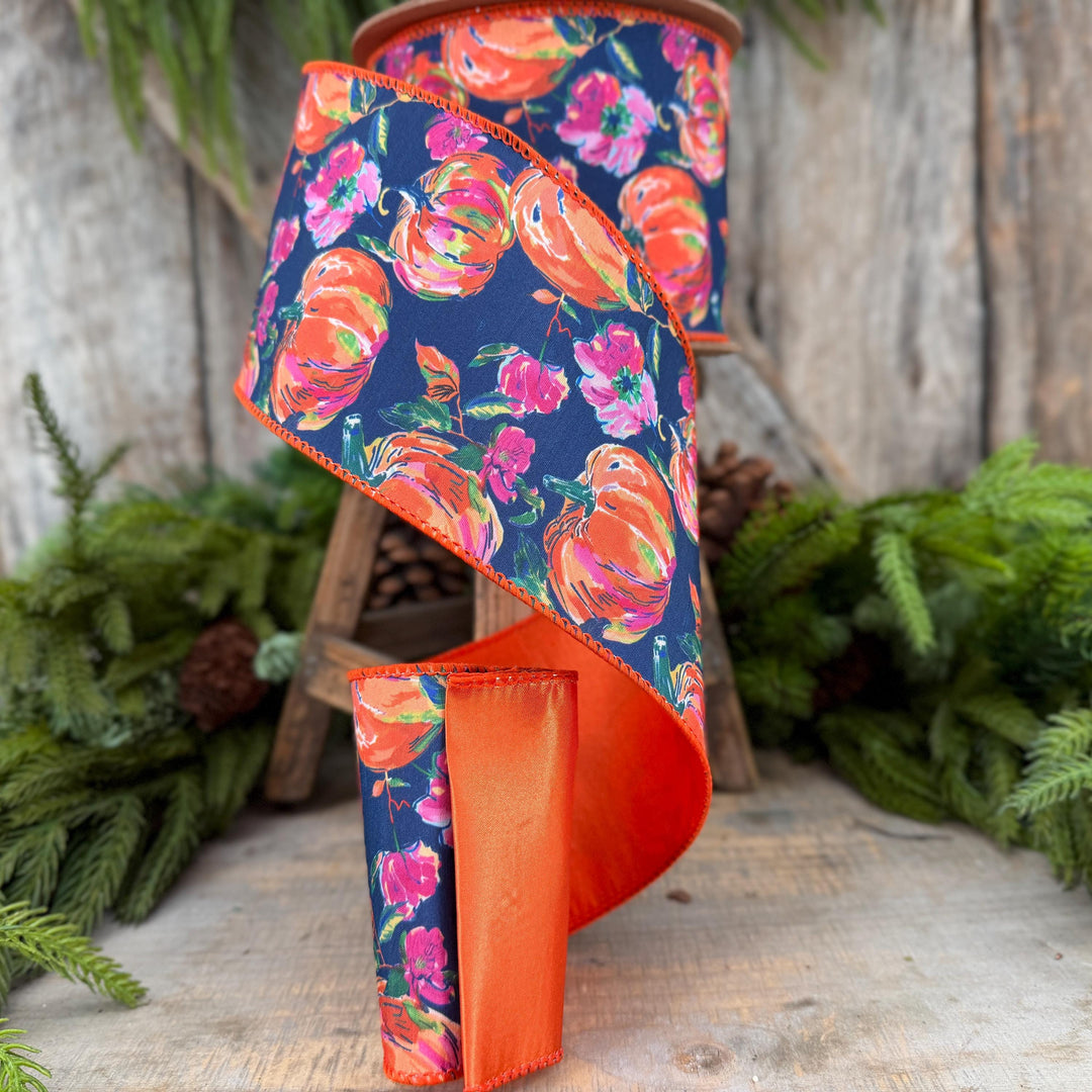 4" Pumpkin floral ribbon, Fall Ribbon