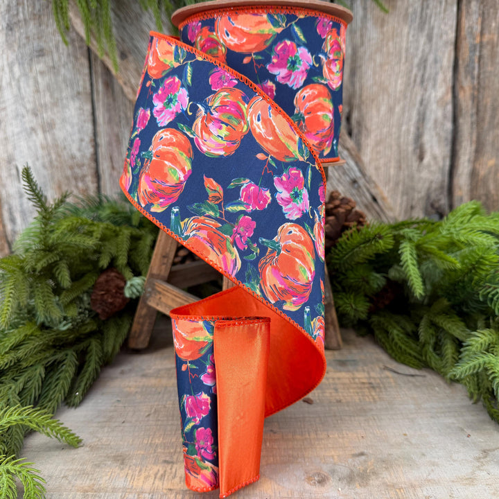 4" Pumpkin floral ribbon, Fall Ribbon