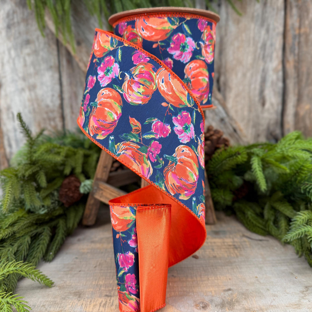 4" Pumpkin floral ribbon, Fall Ribbon