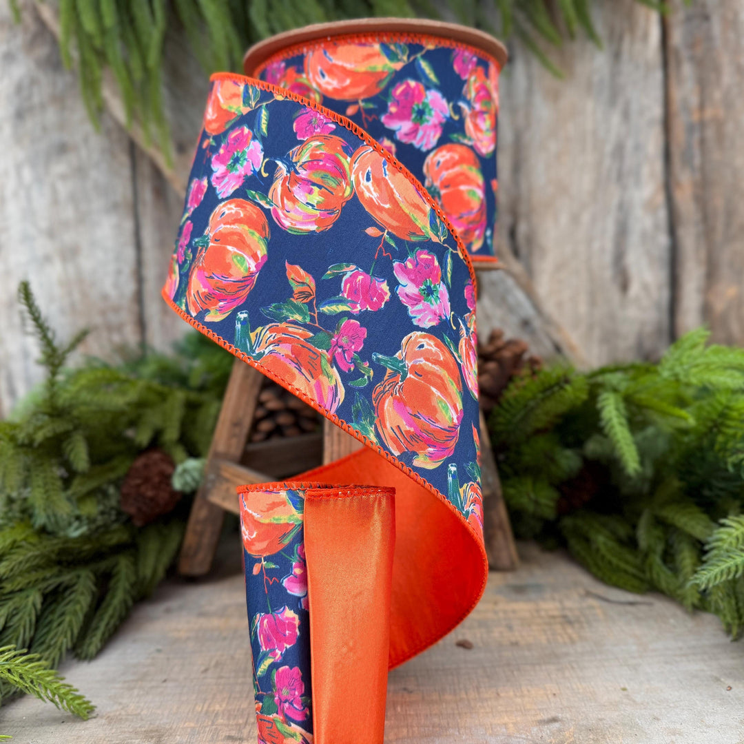 4" Pumpkin floral ribbon, Fall Ribbon