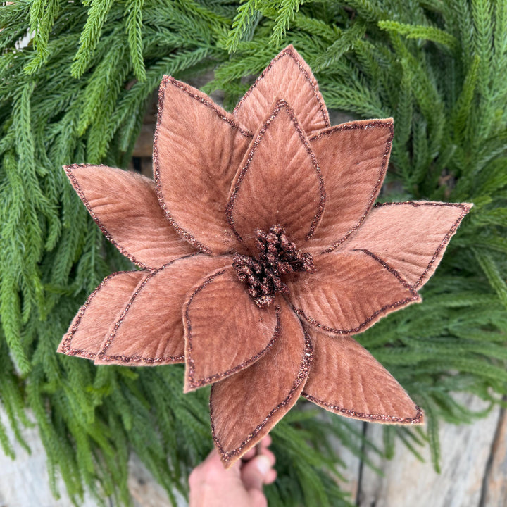 20" Brown Velvet Poinsettia Stem with Glittered Edges, Woodland Christmas Floral