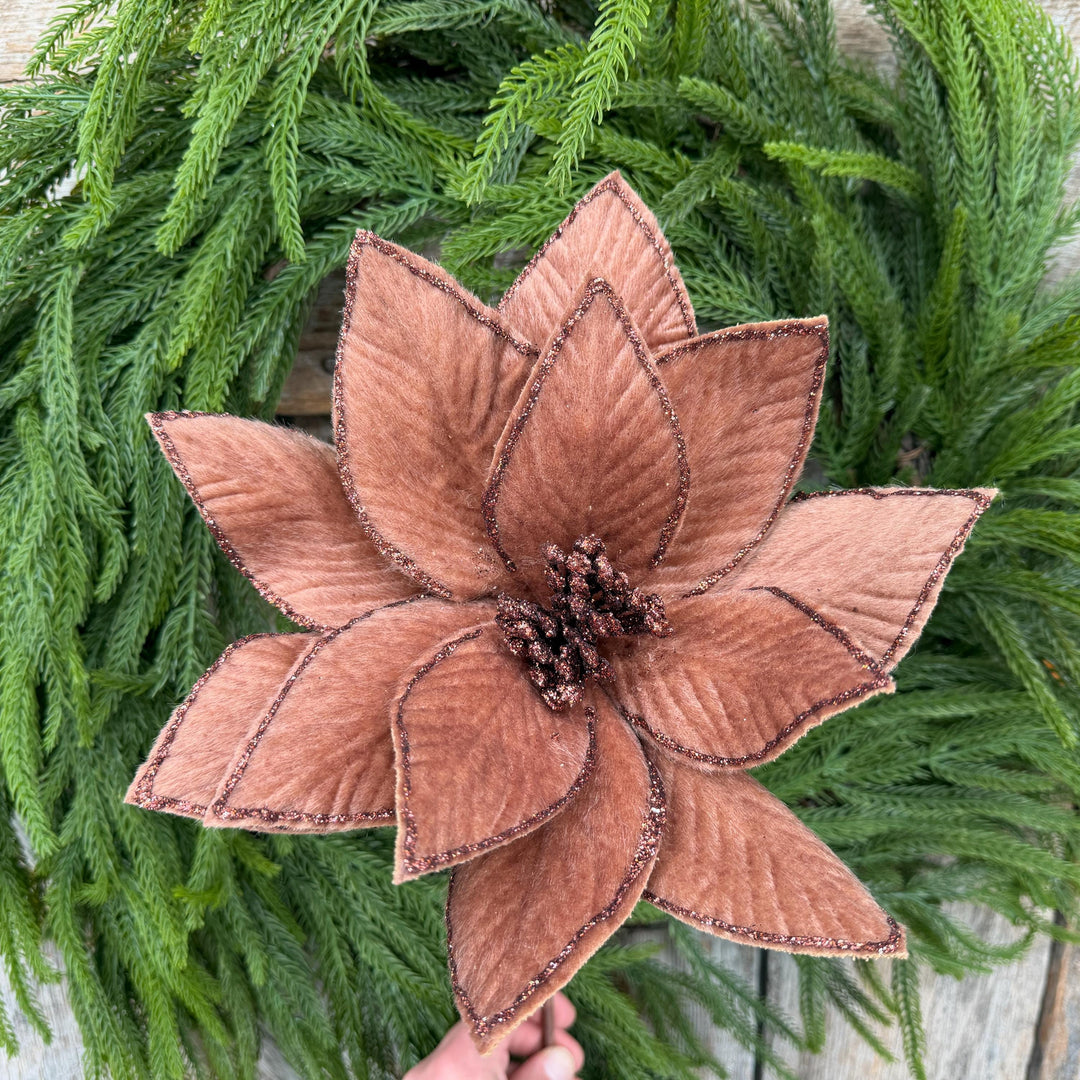 20" Brown Velvet Poinsettia Stem with Glittered Edges, Woodland Christmas Floral