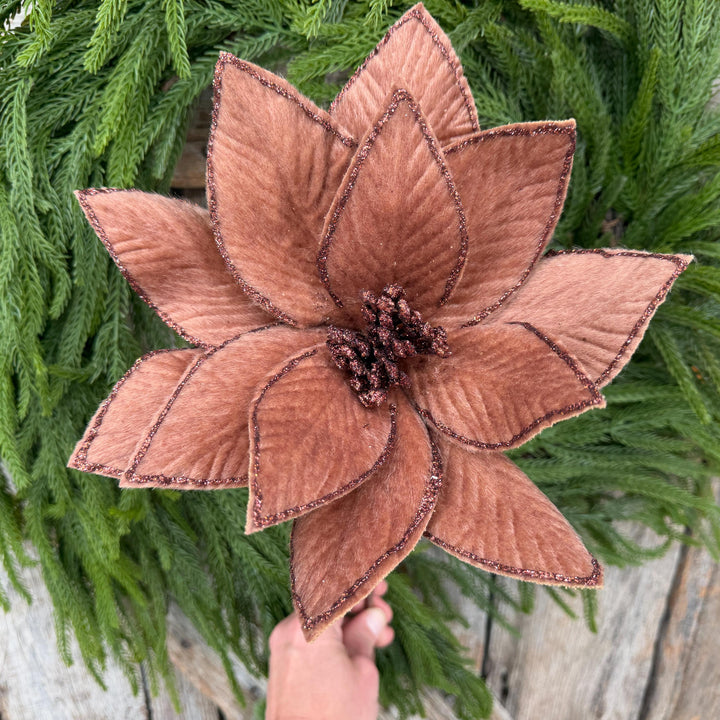 20" Brown Velvet Poinsettia Stem with Glittered Edges, Woodland Christmas Floral