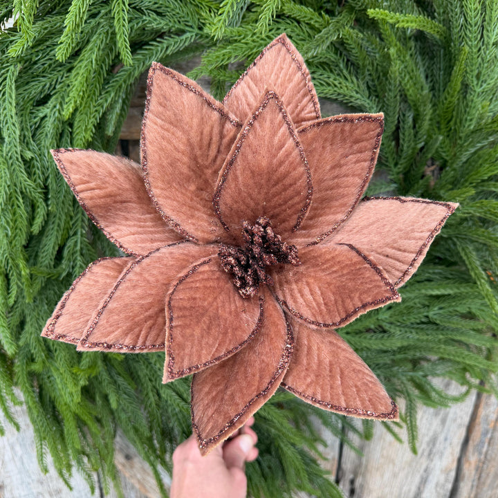 20" Brown Velvet Poinsettia Stem with Glittered Edges, Woodland Christmas Floral