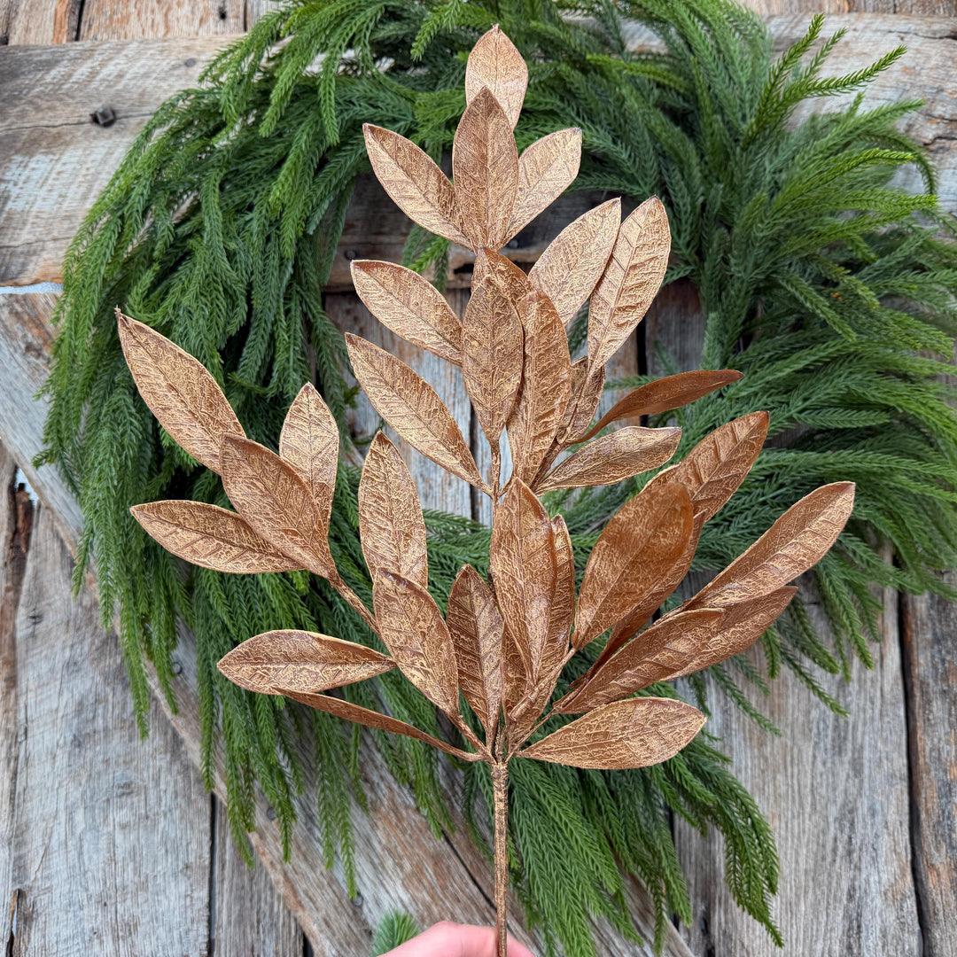 20.5" Bronze Glitter Bay Leaf Spray | Metallic Christmas Floral Greenery