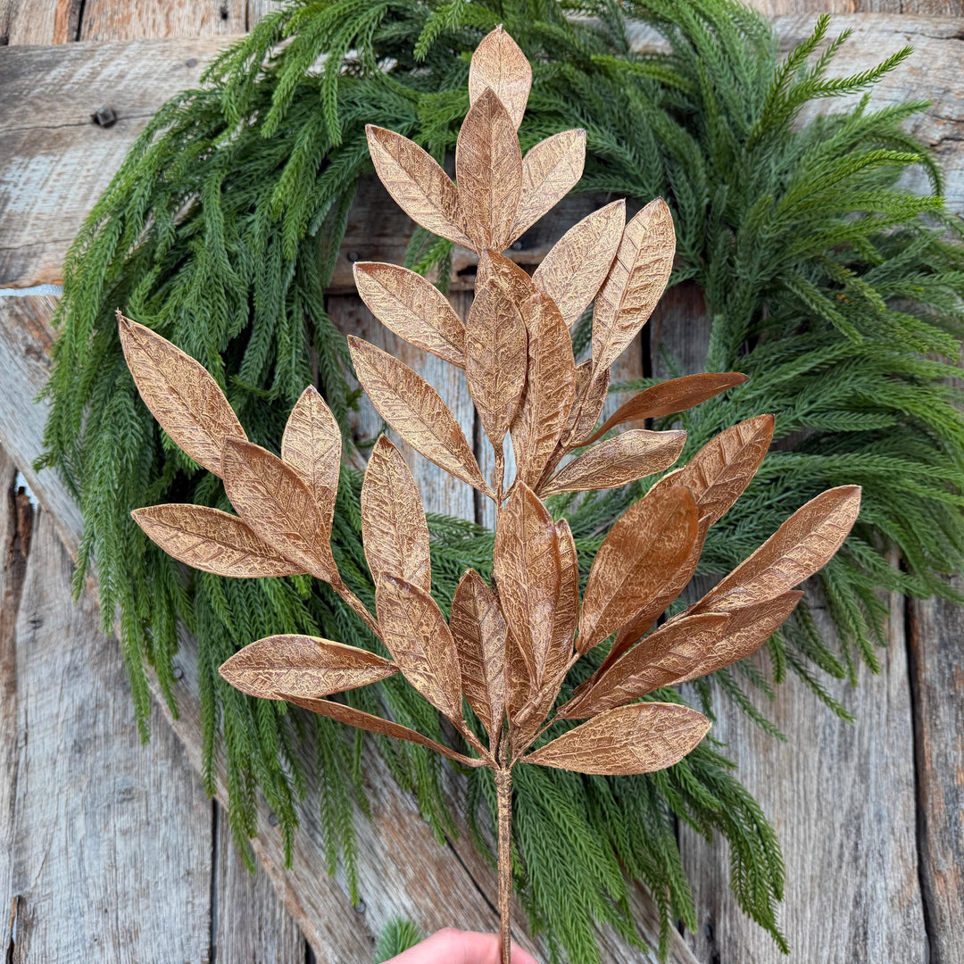 20.5" Bronze Glitter Bay Leaf Spray | Metallic Christmas Floral Greenery