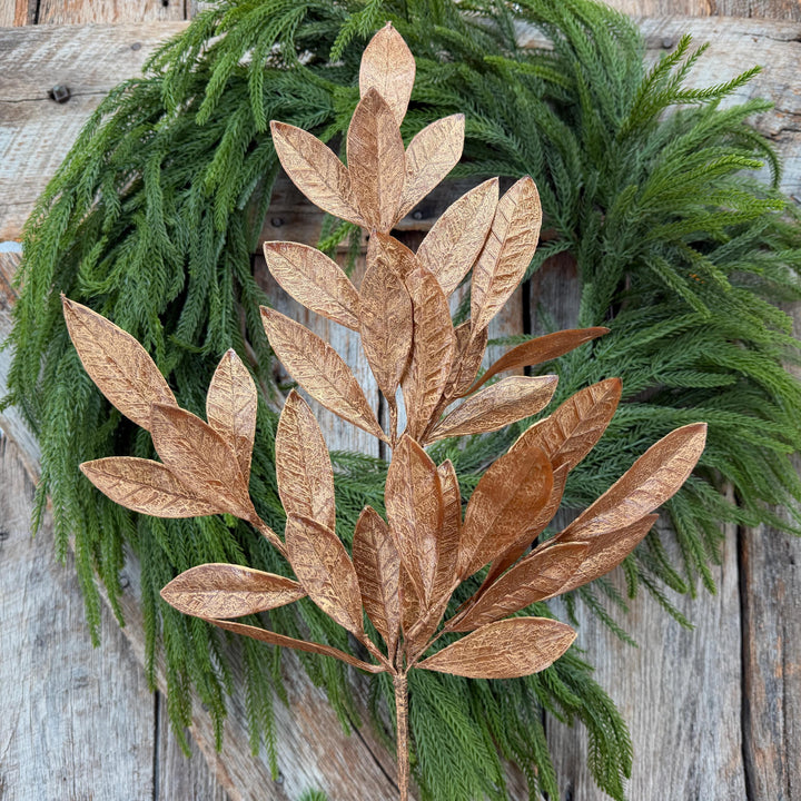 20.5" Bronze Glitter Bay Leaf Spray | Metallic Christmas Floral Greenery