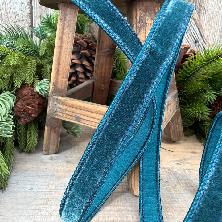 3/4" Dark Teal Velvet Luster RIbbon, Farrisilk Ribbon, Dark Teal Velvet RIbbon, Wired RIbbon, Designer RIbbon
