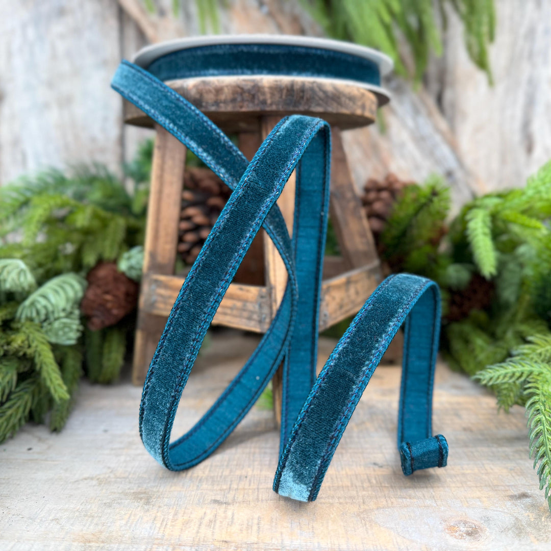 3/4" Dark Teal Velvet Luster RIbbon, Farrisilk Ribbon, Dark Teal Velvet RIbbon, Wired RIbbon, Designer RIbbon