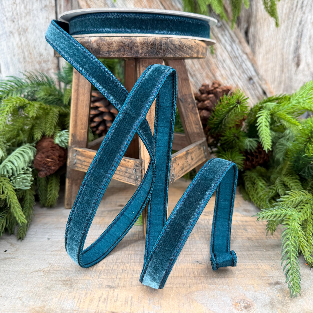3/4" Dark Teal Velvet Luster RIbbon, Farrisilk Ribbon, Dark Teal Velvet RIbbon, Wired RIbbon, Designer RIbbon