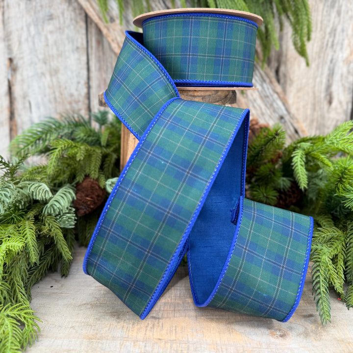 2.5" Blue Green Christmas Plaid Ribbon, Black Watch Plaid Ribbon, Navy Blue Plaid