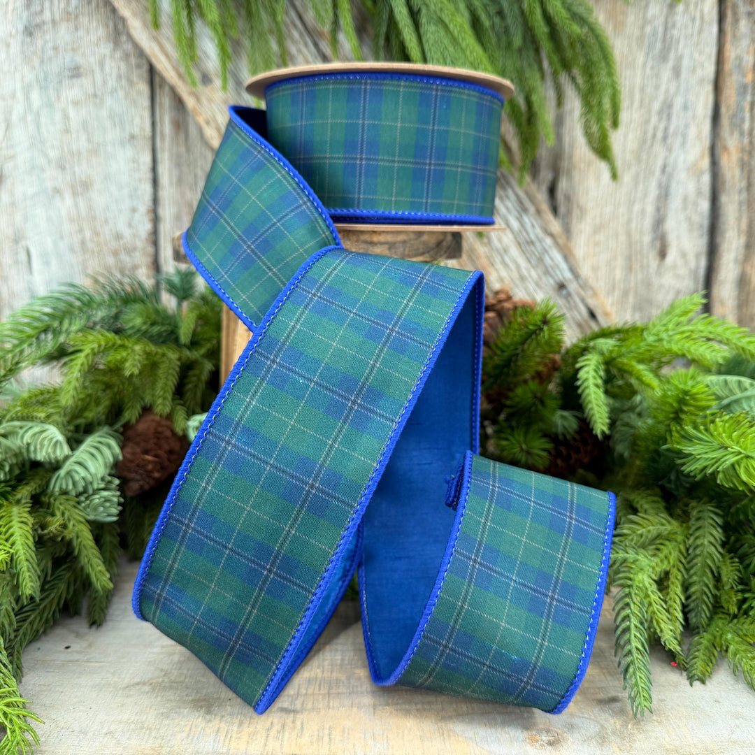 2.5" Blue Green Christmas Plaid Ribbon, Black Watch Plaid Ribbon, Navy Blue Plaid