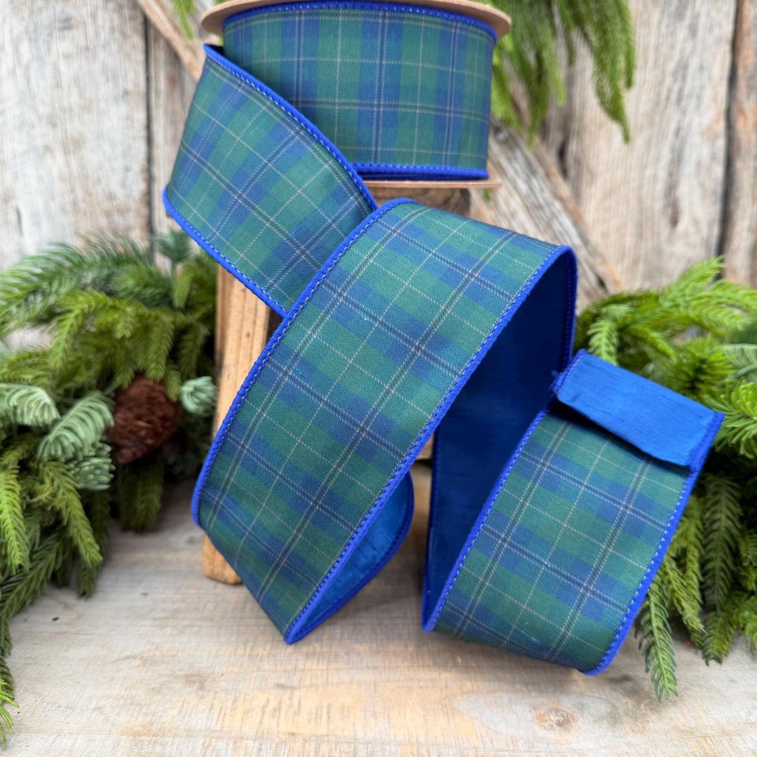 2.5" Blue Green Christmas Plaid Ribbon, Black Watch Plaid Ribbon, Navy Blue Plaid