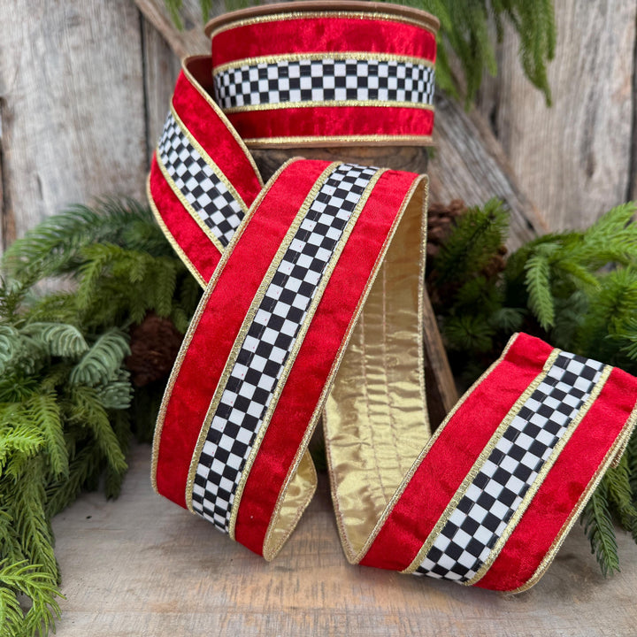 2.5" Red Velvet Black White Check Wired Ribbon | Gold Backing | 10 Yards