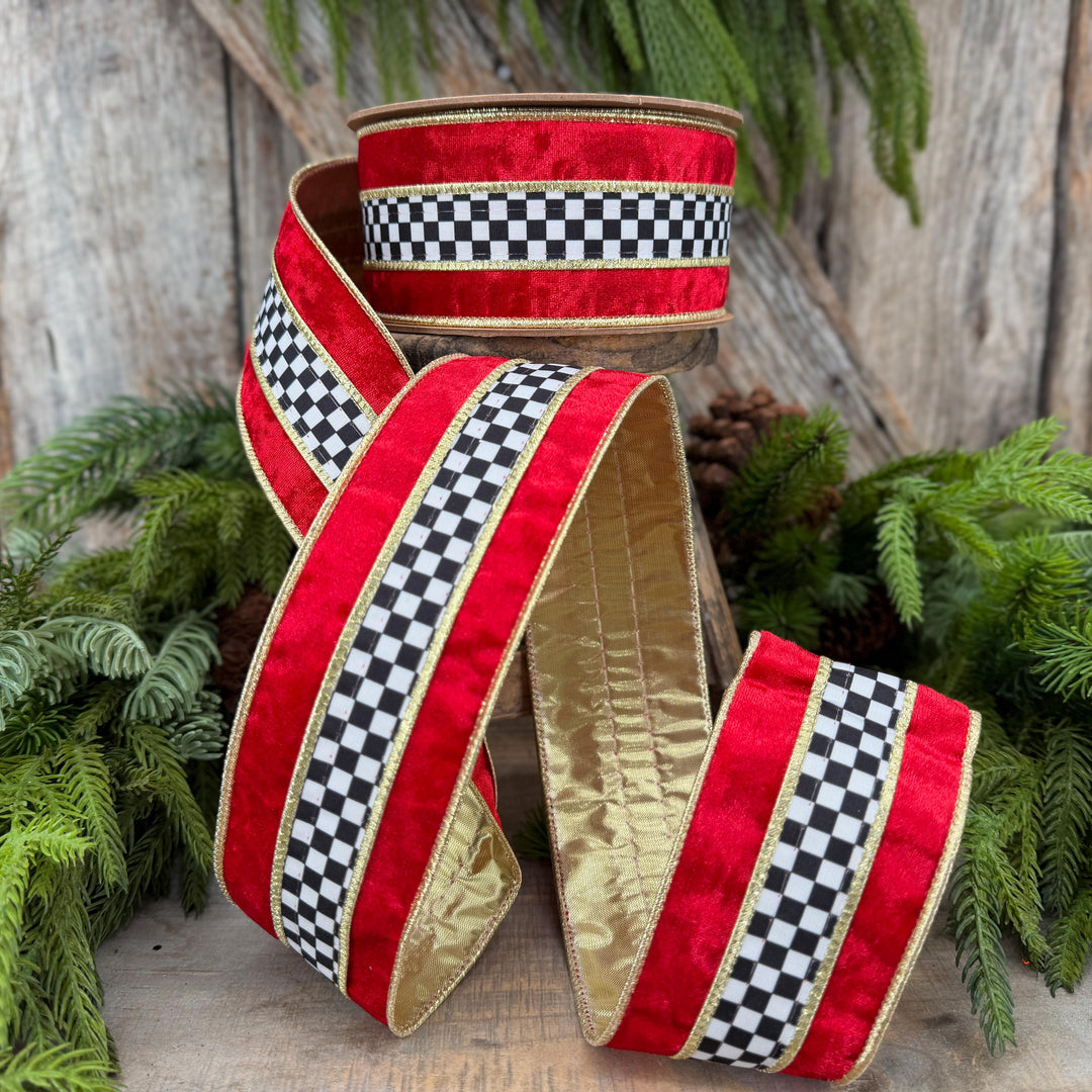 2.5" Red Velvet Black White Check Wired Ribbon | Gold Backing | 10 Yards