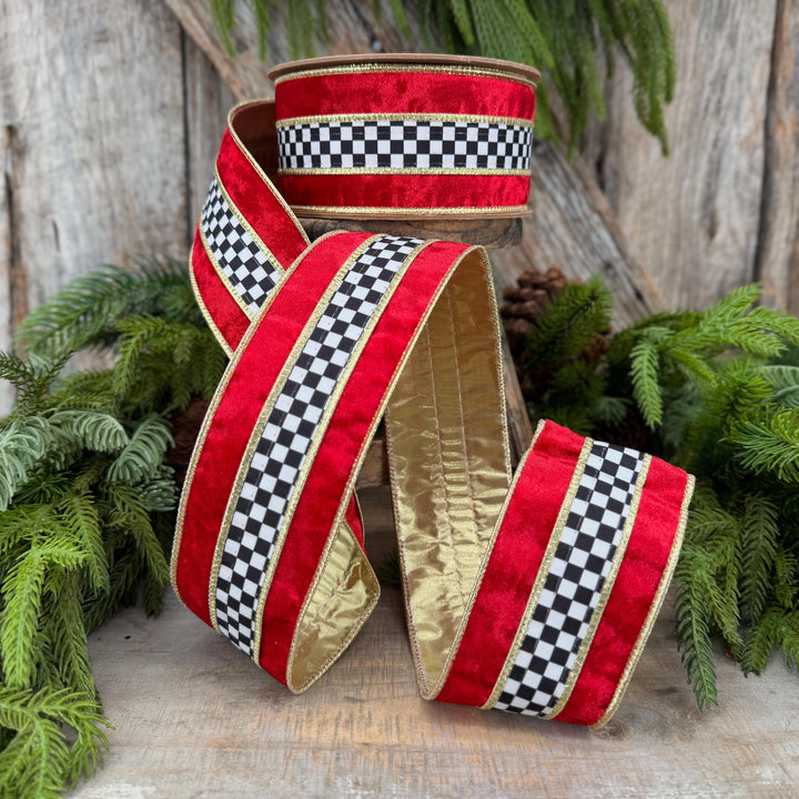 2.5" Red Velvet Black White Check Wired Ribbon | Gold Backing | 10 Yards