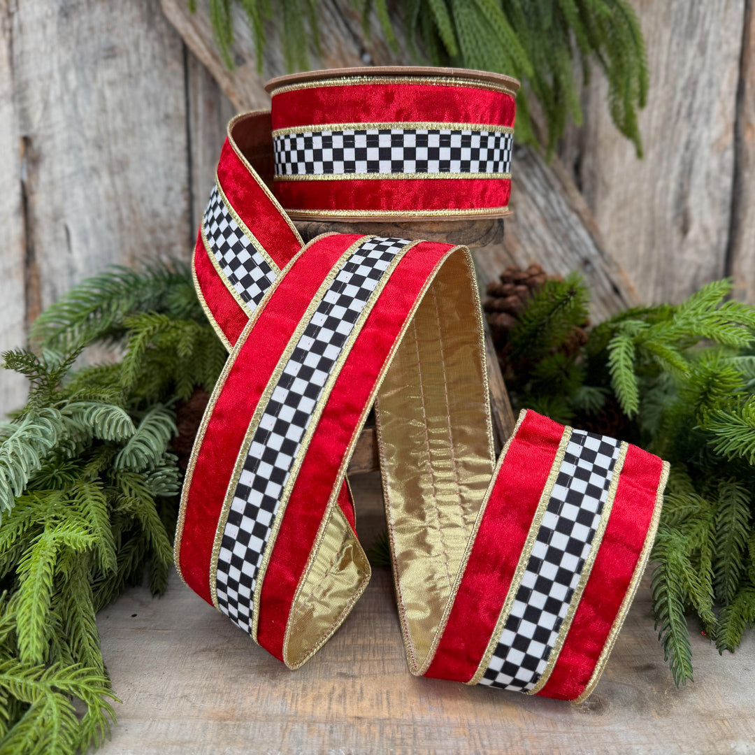2.5" Red Velvet Black White Check Wired Ribbon | Gold Backing | 10 Yards