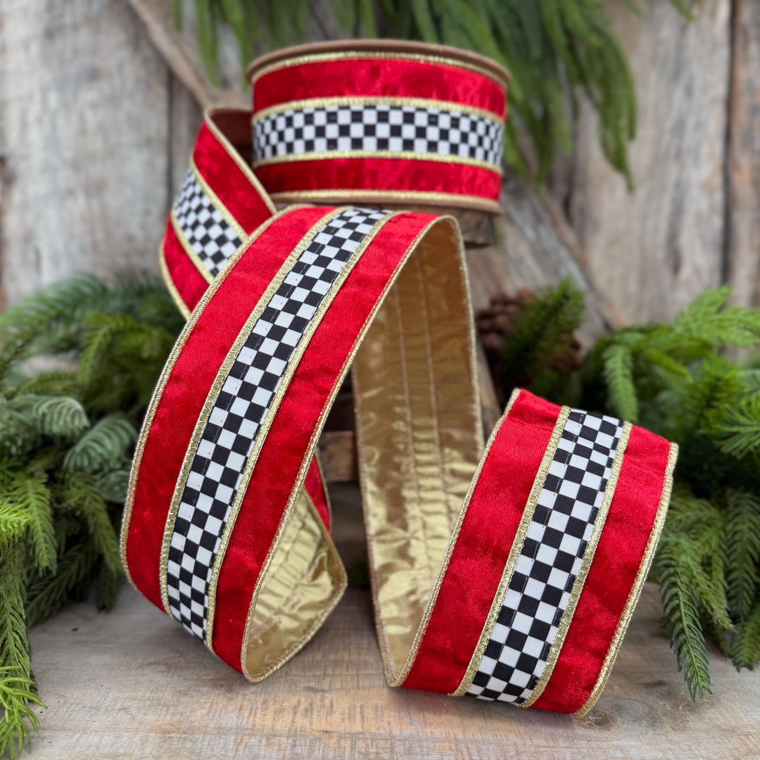 2.5" Red Velvet Black White Check Wired Ribbon | Gold Backing | 10 Yards
