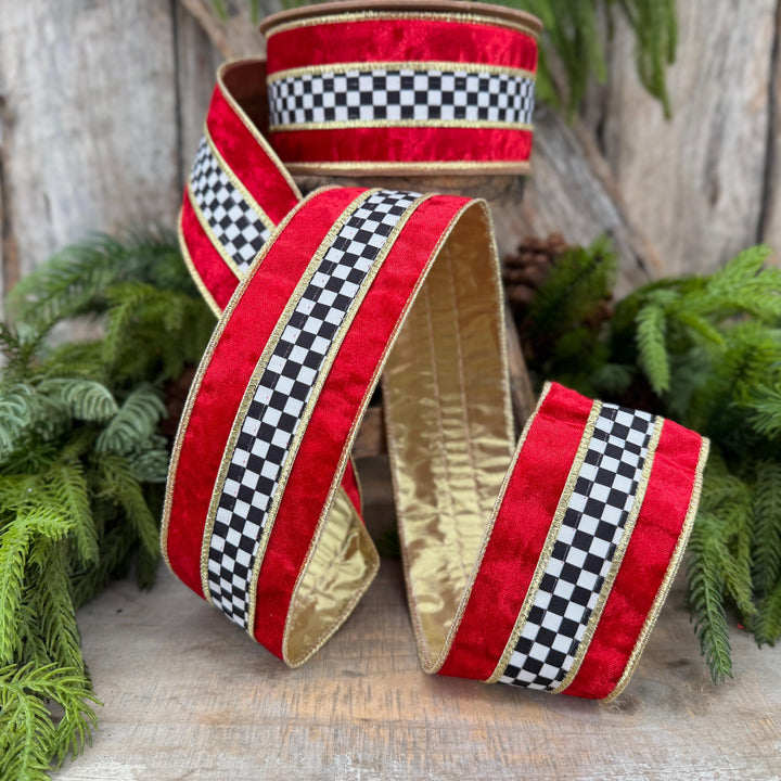 2.5" Red Velvet Black White Check Wired Ribbon | Gold Backing | 10 Yards