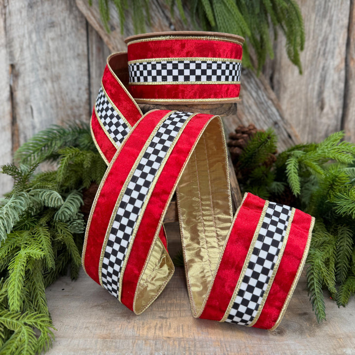 2.5" Red Velvet Black White Check Wired Ribbon | Gold Backing | 10 Yards