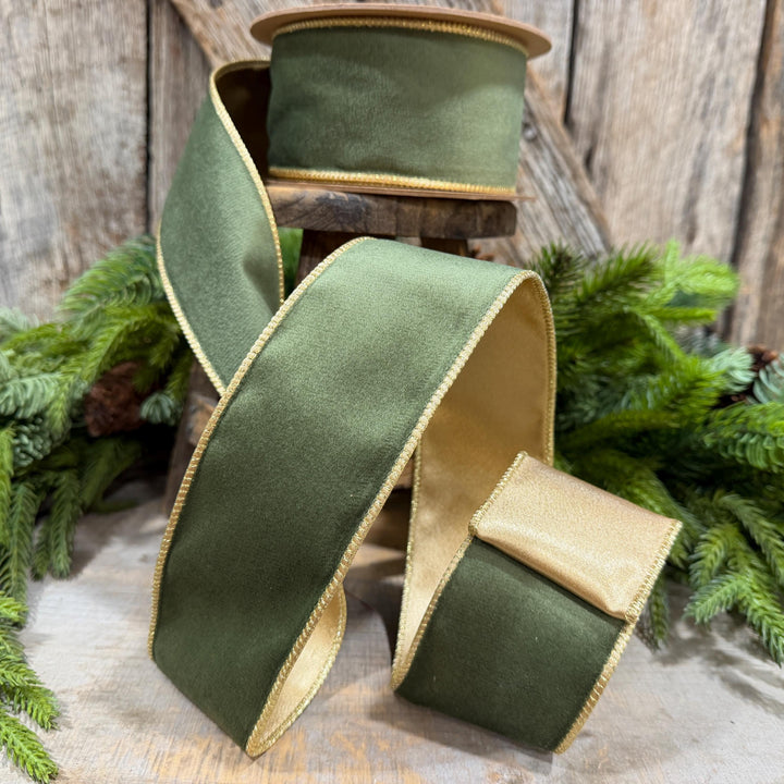 2.5" Forest Green Velvet Ribbon, Moss Green &amp; Gold Velvet Ribbon, Christmas RIbbon, Moss Green Velvet Ribbon, Designer Ribbon, Woodland