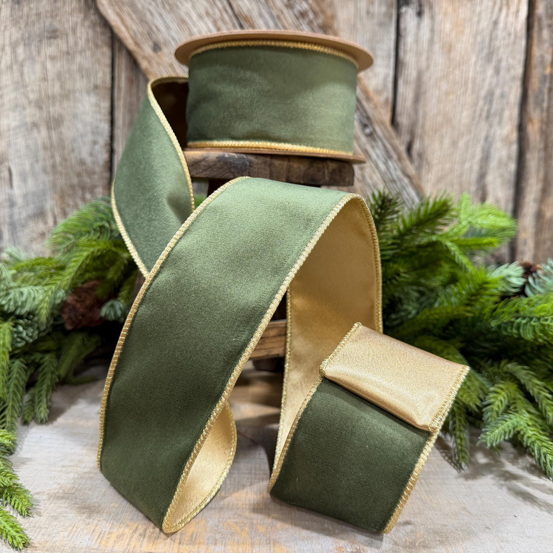 2.5" Forest Green Velvet Ribbon, Moss Green &amp; Gold Velvet Ribbon, Christmas RIbbon, Moss Green Velvet Ribbon, Designer Ribbon, Woodland