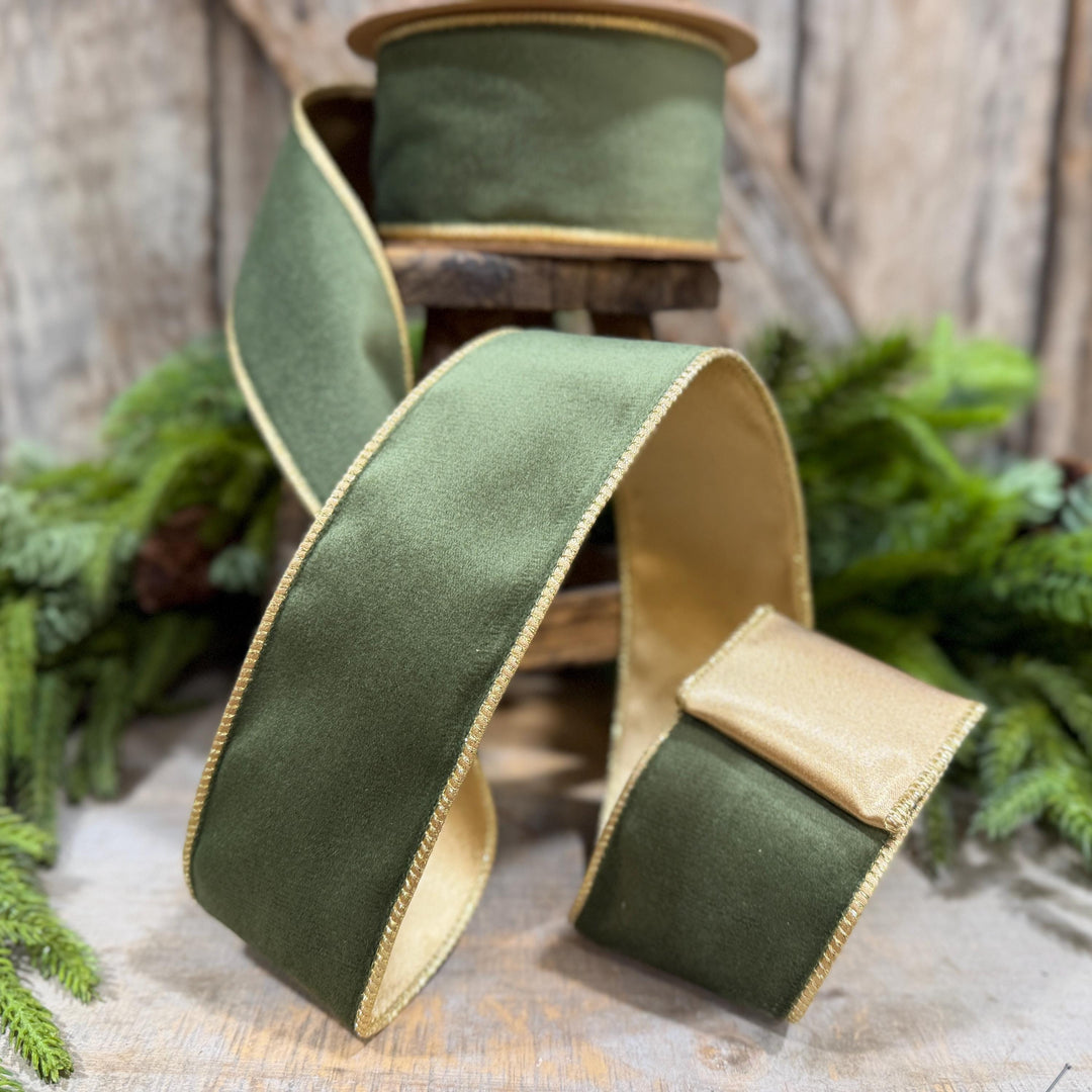 2.5" Forest Green Velvet Ribbon, Moss Green &amp; Gold Velvet Ribbon, Christmas RIbbon, Moss Green Velvet Ribbon, Designer Ribbon, Woodland