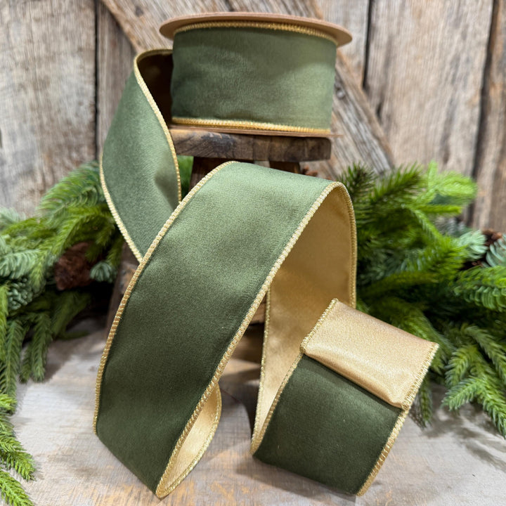 2.5" Forest Green Velvet Ribbon, Moss Green &amp; Gold Velvet Ribbon, Christmas RIbbon, Moss Green Velvet Ribbon, Designer Ribbon, Woodland