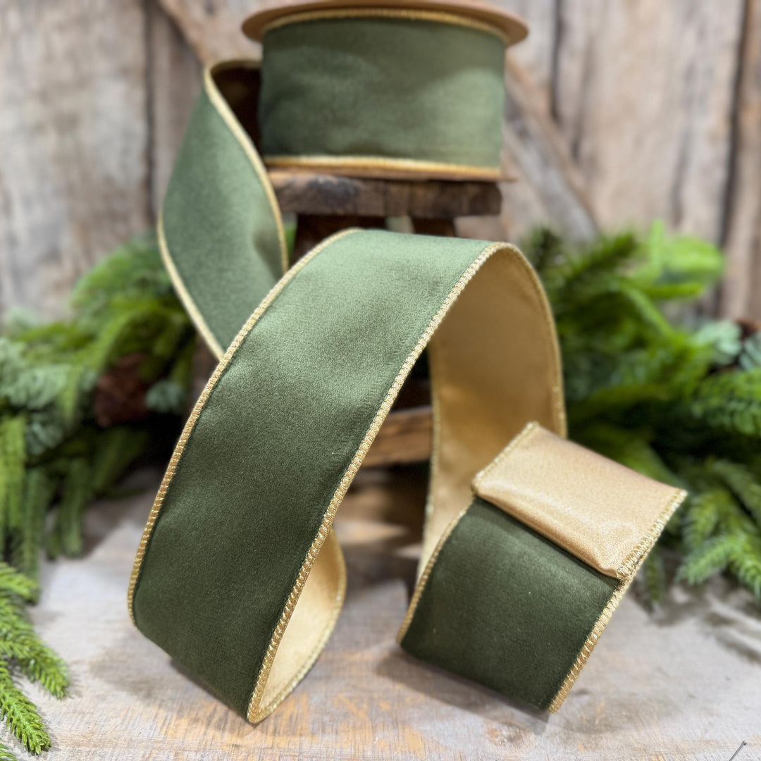 2.5" Forest Green Velvet Ribbon, Moss Green &amp; Gold Velvet Ribbon, Christmas RIbbon, Moss Green Velvet Ribbon, Designer Ribbon, Woodland