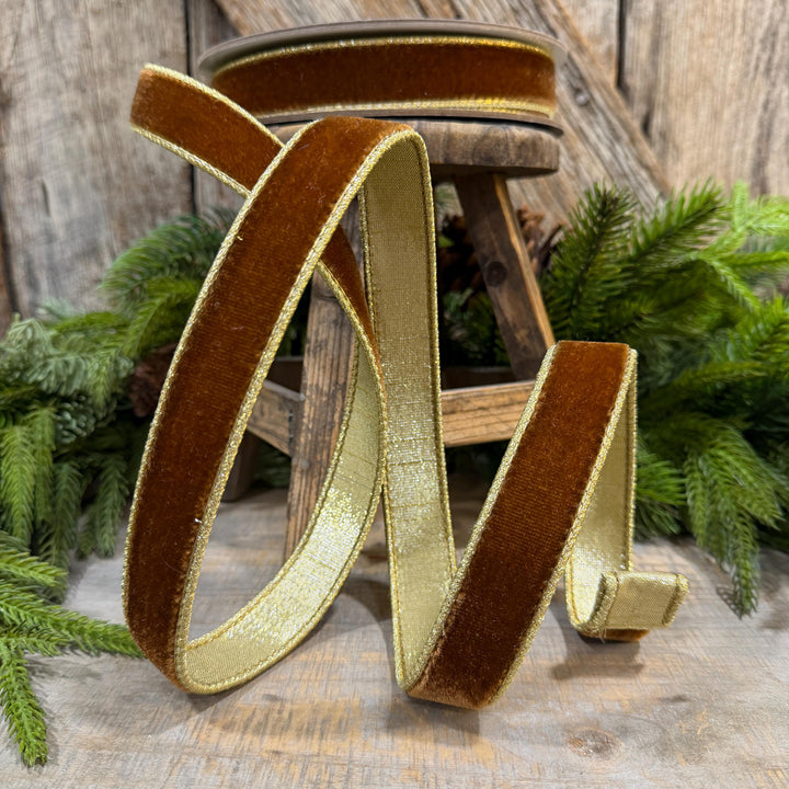 1” Pecan Brown Velvet Ribbon, Flashy Velvet Ribbon, Farrisilk ribbon, Brown Velvet ribbon, RG063-35