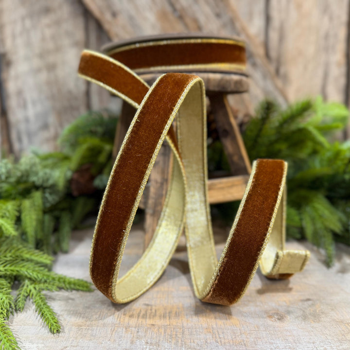 1” Pecan Brown Velvet Ribbon, Flashy Velvet Ribbon, Farrisilk ribbon, Brown Velvet ribbon, RG063-35