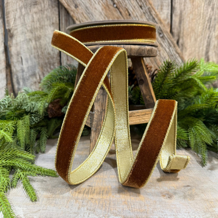 1” Pecan Brown Velvet Ribbon, Flashy Velvet Ribbon, Farrisilk ribbon, Brown Velvet ribbon, RG063-35