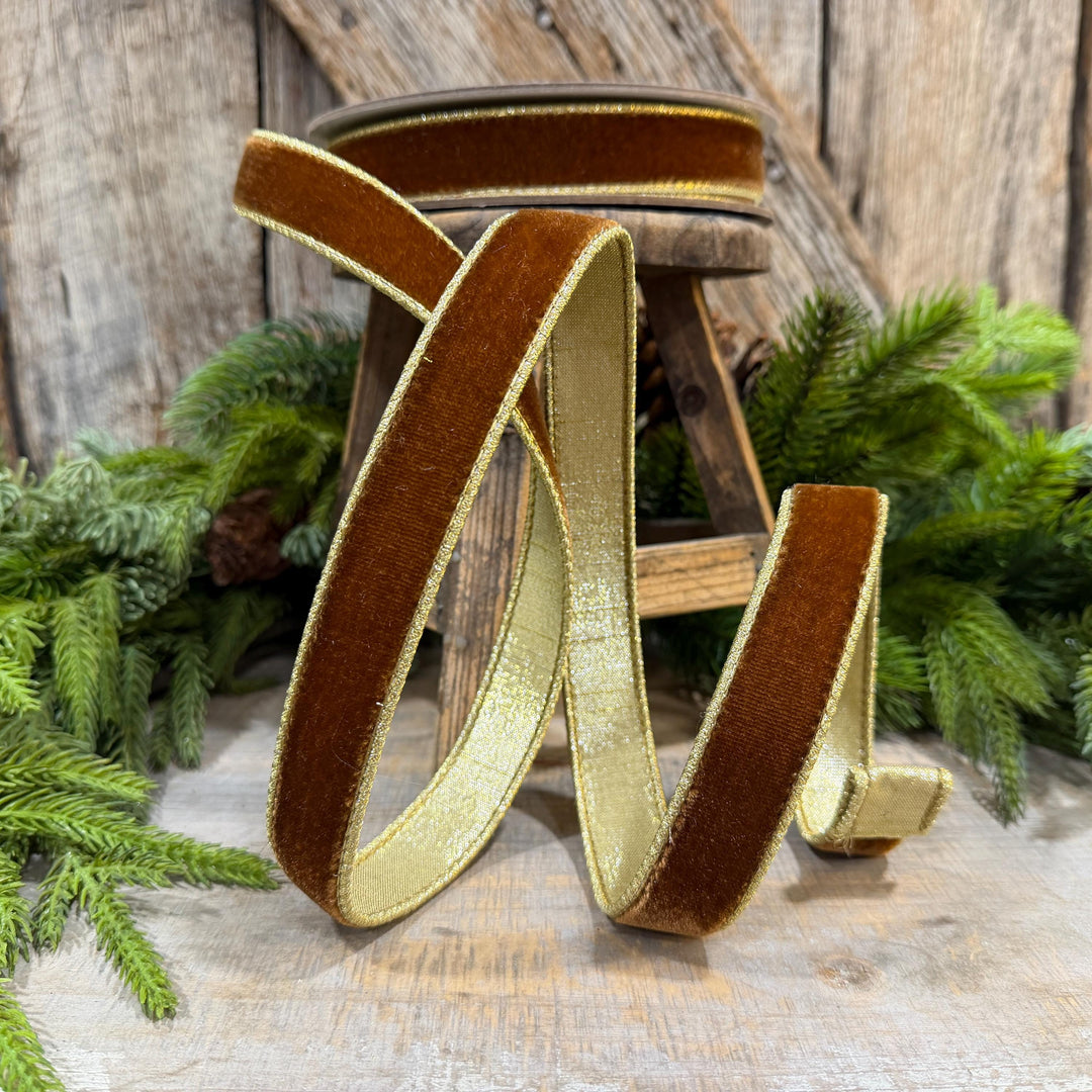 1” Pecan Brown Velvet Ribbon, Flashy Velvet Ribbon, Farrisilk ribbon, Brown Velvet ribbon, RG063-35