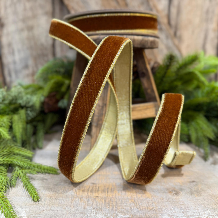 1” Pecan Brown Velvet Ribbon, Flashy Velvet Ribbon, Farrisilk ribbon, Brown Velvet ribbon, RG063-35