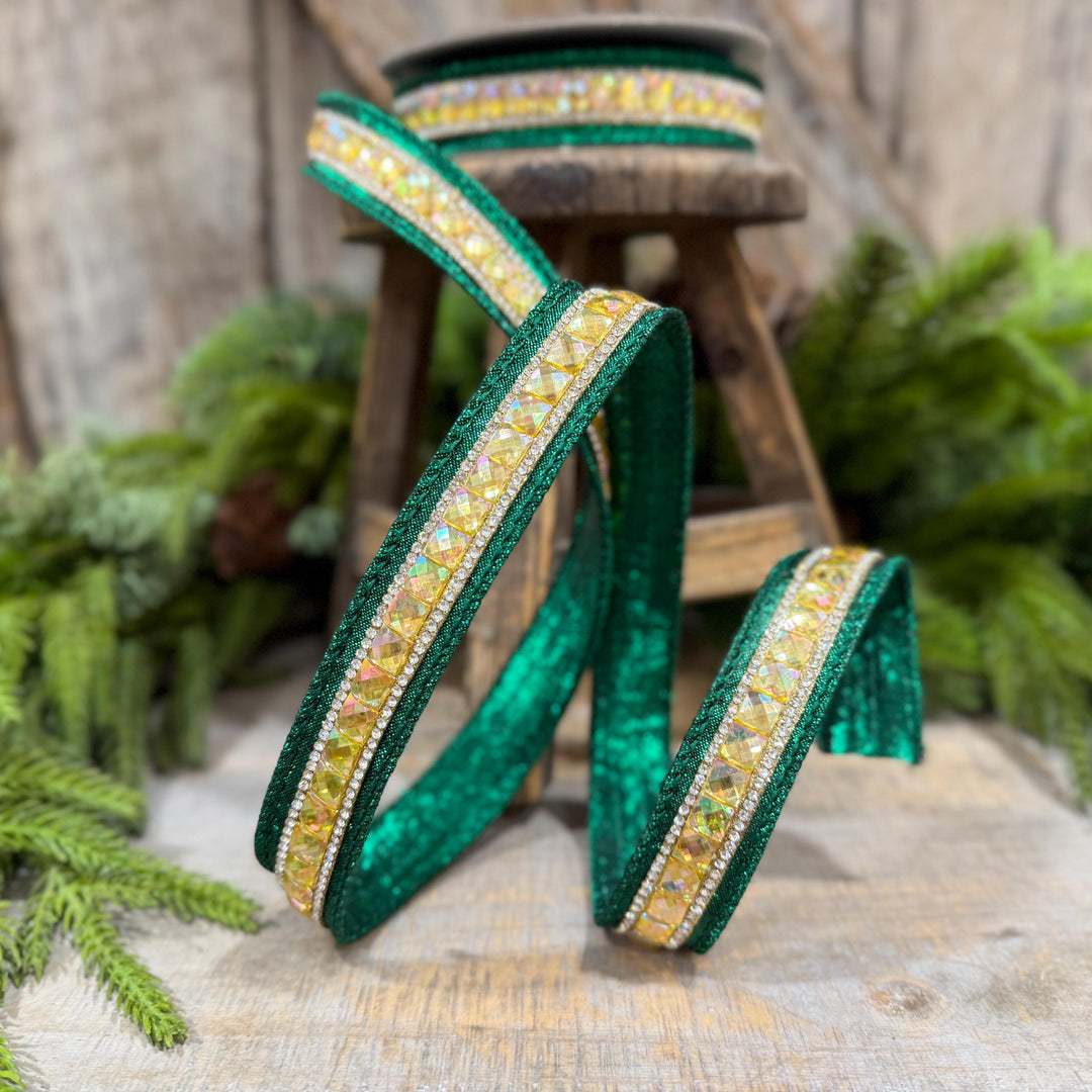 1" Emerald Green Jeweled Ribbon, Farrisilk Iridescent Delight Ribbon, Christmas Ribbon, RK943-55