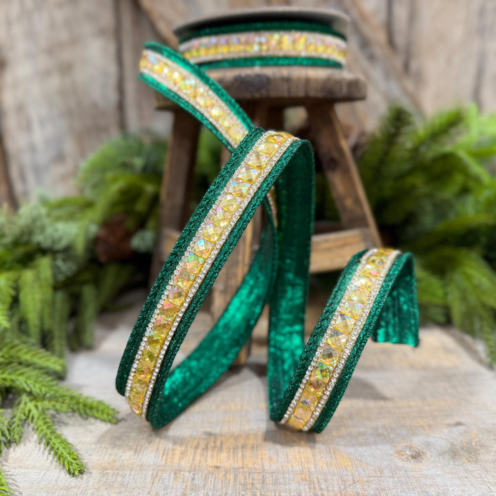 1" Emerald Green Jeweled Ribbon, Farrisilk Iridescent Delight Ribbon, Christmas Ribbon, RK943-55