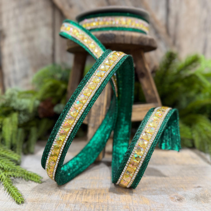 1" Emerald Green Jeweled Ribbon, Farrisilk Iridescent Delight Ribbon, Christmas Ribbon, RK943-55