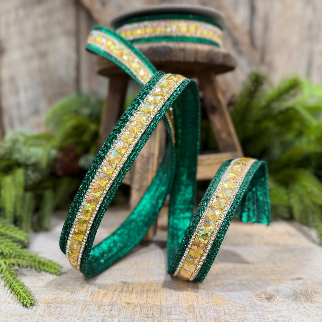 1" Emerald Green Jeweled Ribbon, Farrisilk Iridescent Delight Ribbon, Christmas Ribbon, RK943-55