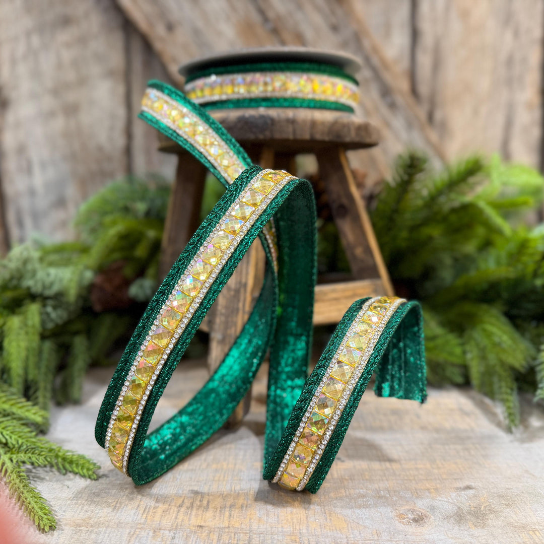 1" Emerald Green Jeweled Ribbon, Farrisilk Iridescent Delight Ribbon, Christmas Ribbon, RK943-55