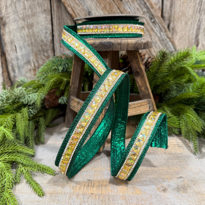 1" Emerald Green Jeweled Ribbon, Farrisilk Iridescent Delight Ribbon, Christmas Ribbon, RK943-55