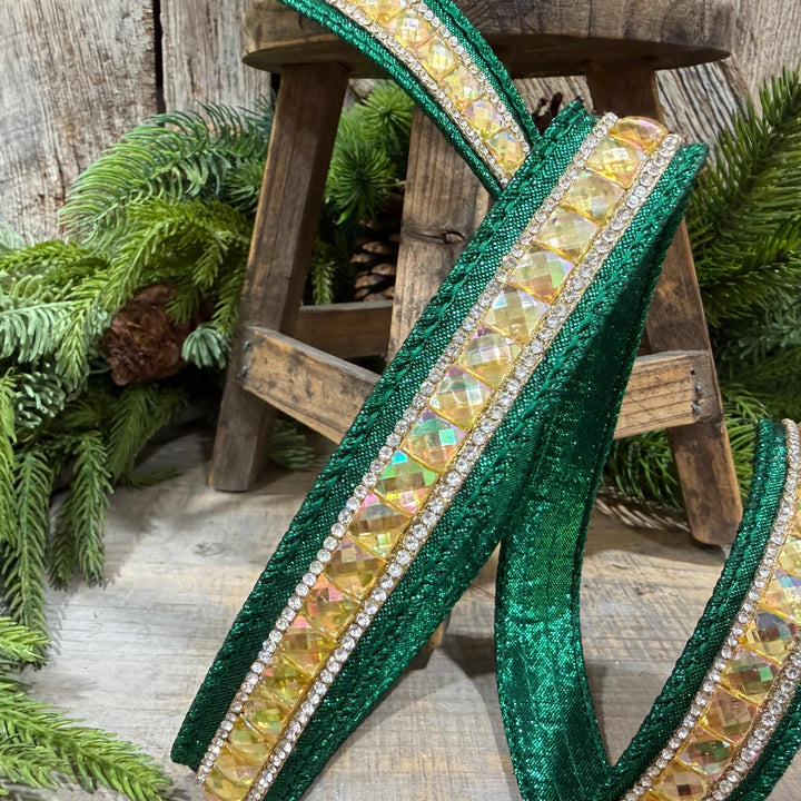 1" Emerald Green Jeweled Ribbon, Farrisilk Iridescent Delight Ribbon, Christmas Ribbon, RK943-55