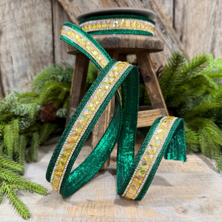 1" Emerald Green Jeweled Ribbon, Farrisilk Iridescent Delight Ribbon, Christmas Ribbon, RK943-55