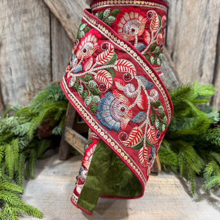 4" Burgundy Embroidered Ribbon, Farrisilk Freya Flower Ribbon, Designer Christmas Ribbon