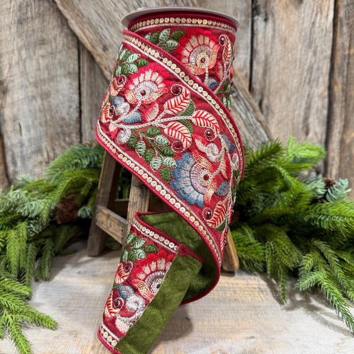 4" Burgundy Embroidered Ribbon, Farrisilk Freya Flower Ribbon, Designer Christmas Ribbon
