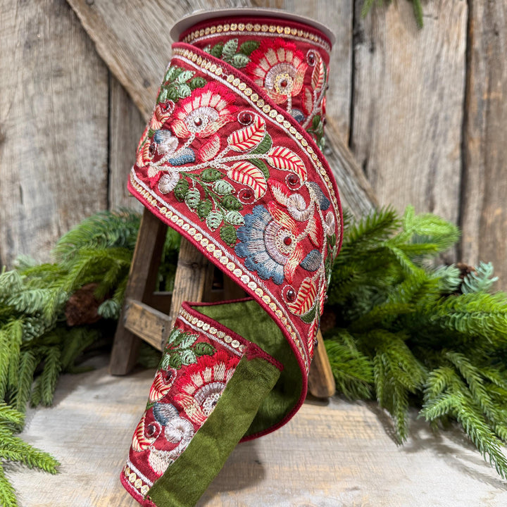4" Burgundy Embroidered Ribbon, Farrisilk Freya Flower Ribbon, Designer Christmas Ribbon